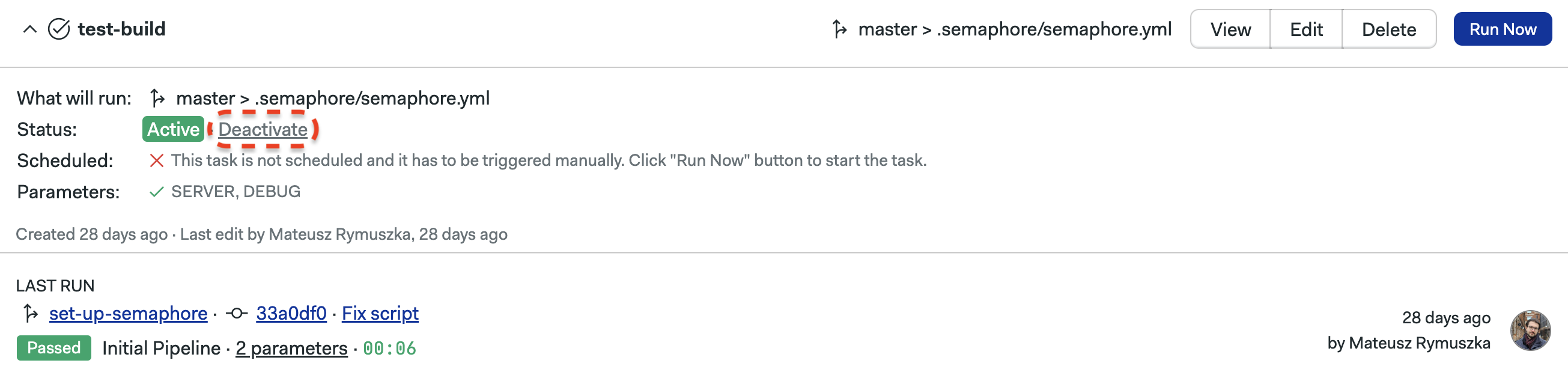 Deactivate button in the project tasks page