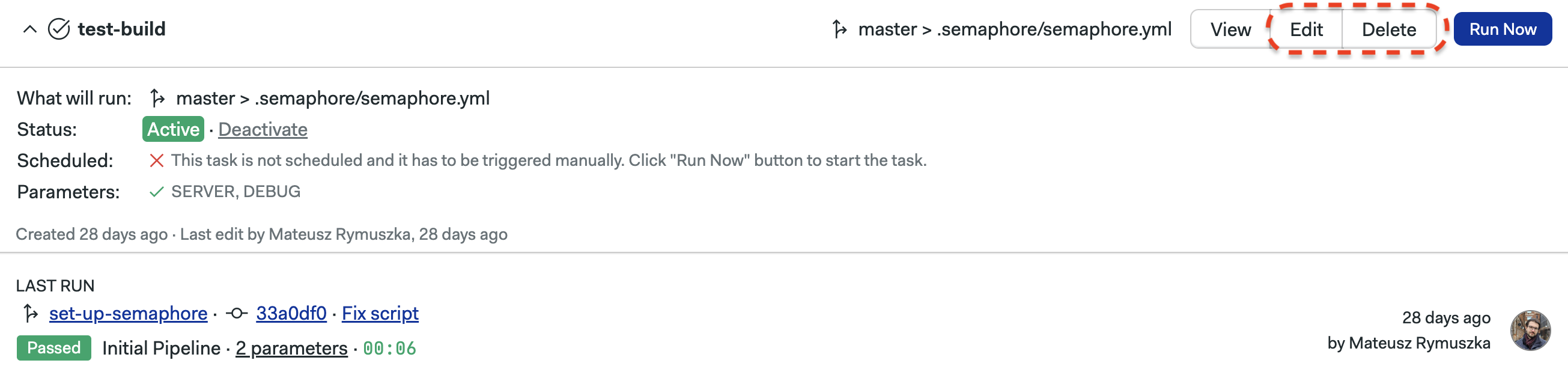 Edit and Delete buttons in the project tasks page