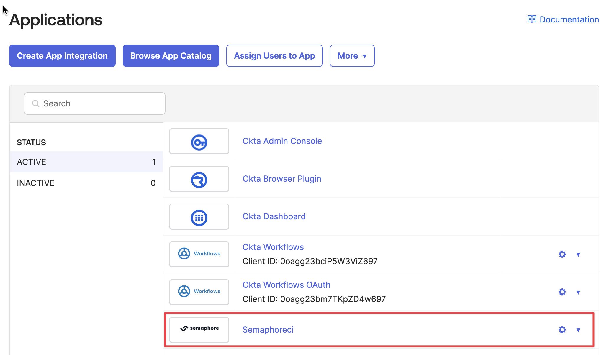 Semaphore app configured on Okta