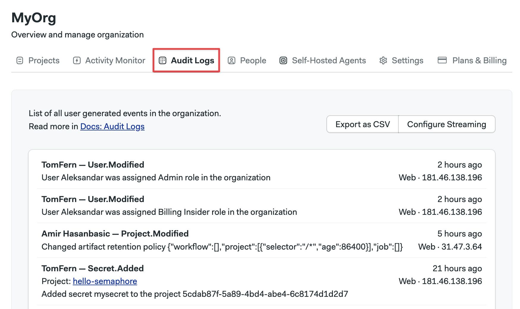 Audit log example