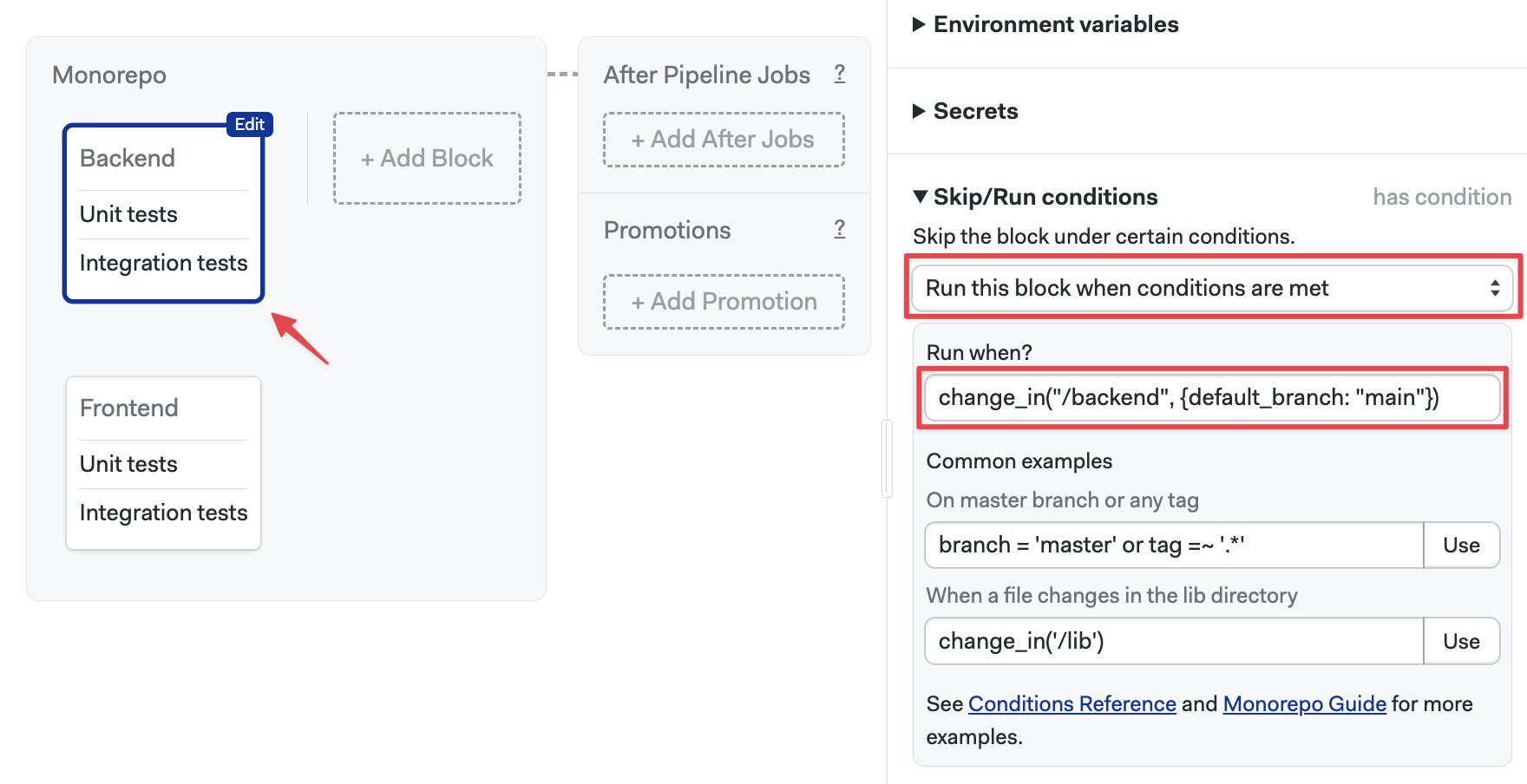 Setting up change conditions