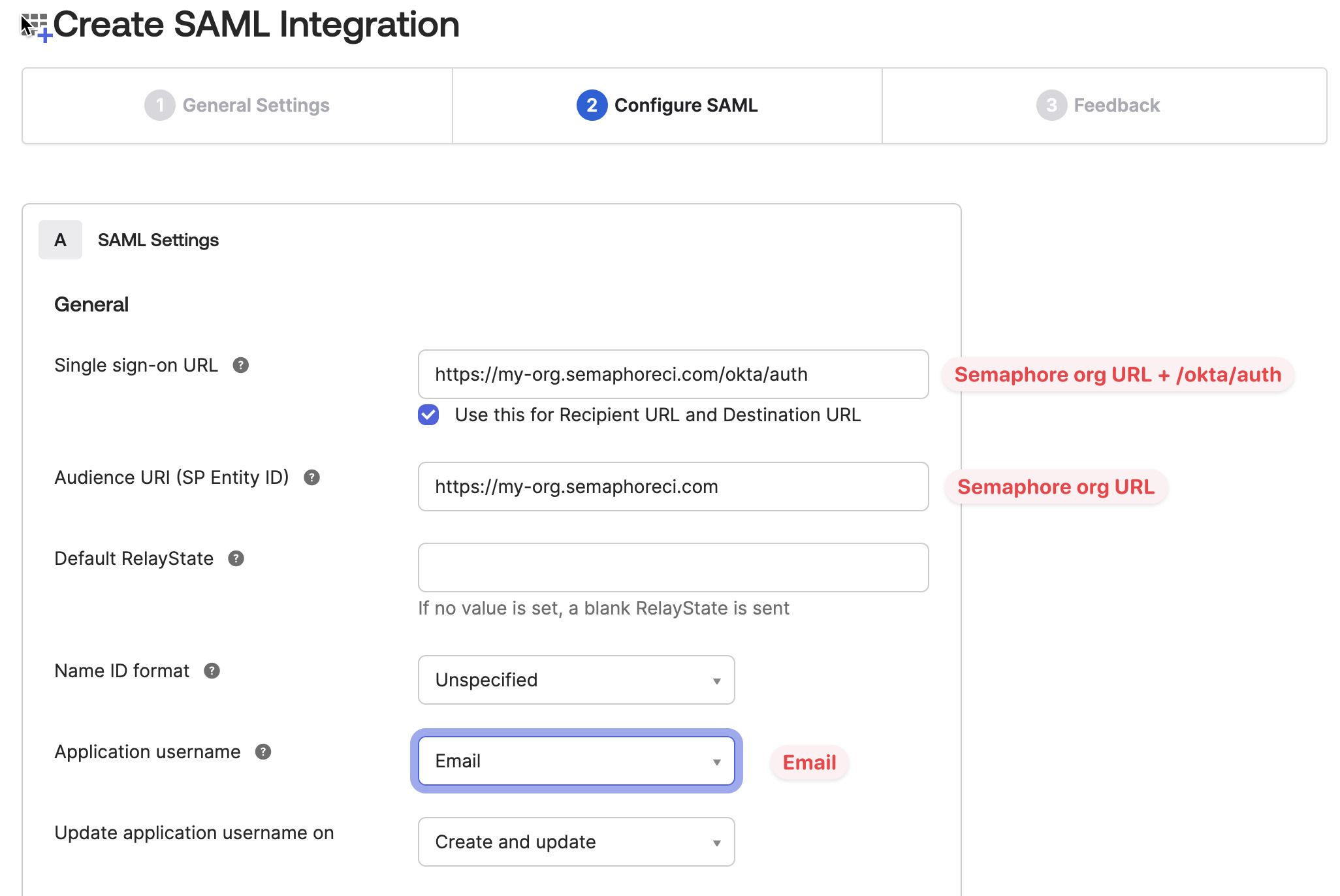 Configure SAML page