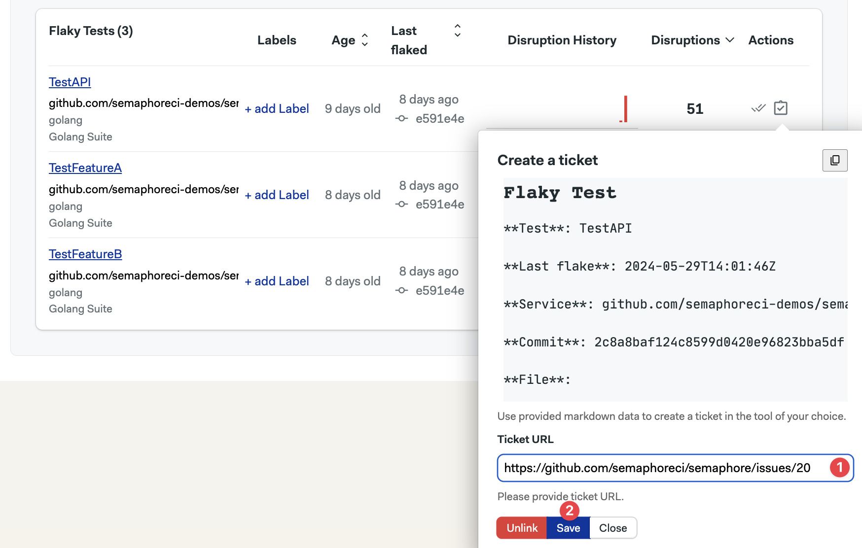 Linking a ticket to a flaky test