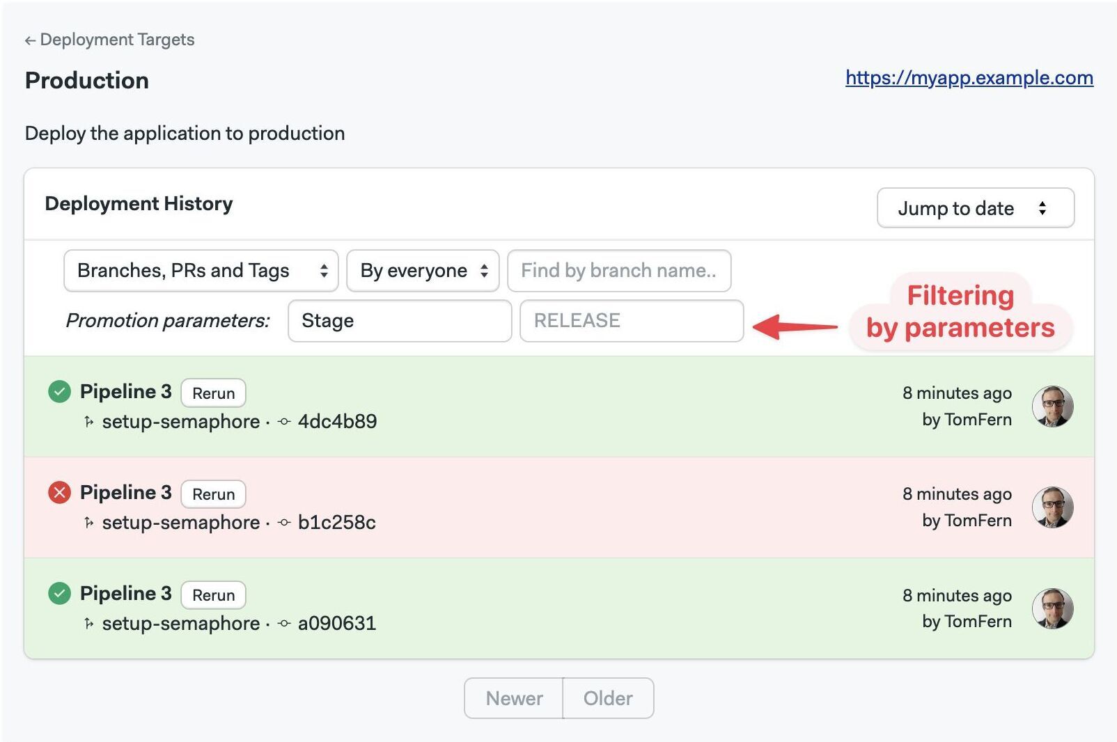 Deployment history filtered by parameters