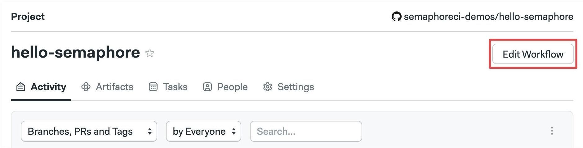 Screenshot of the project opened in Semaphore. The Edit Workflow button is highlighted