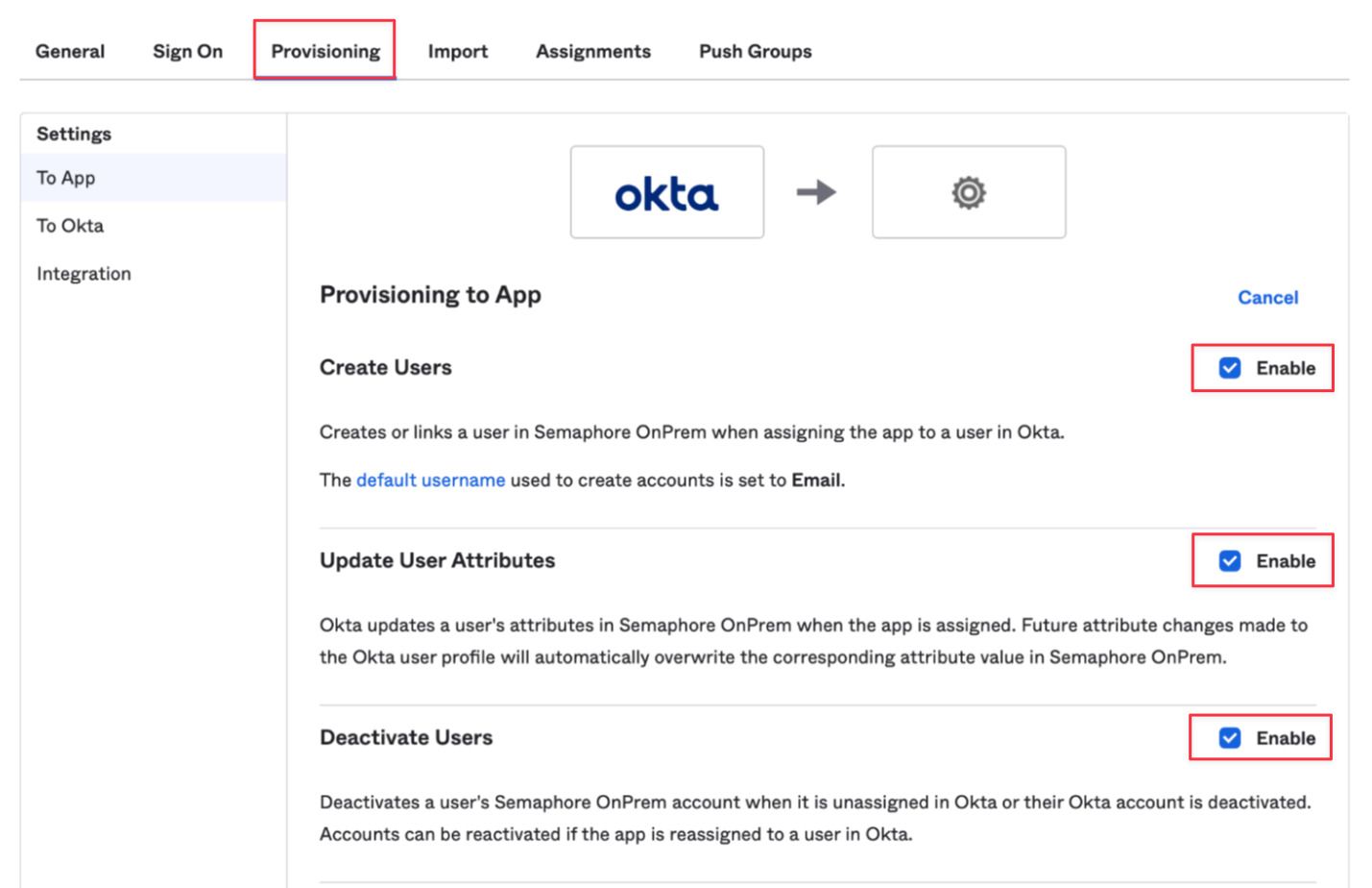 Enabling user provisioning in Okta