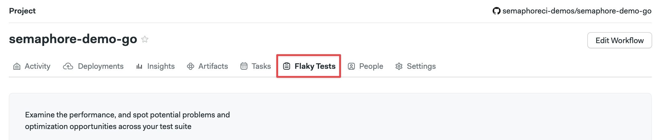 The flaky test tab location in Semaphore