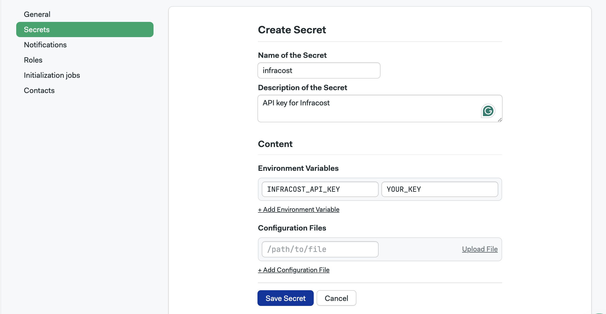 Infracost API key secret