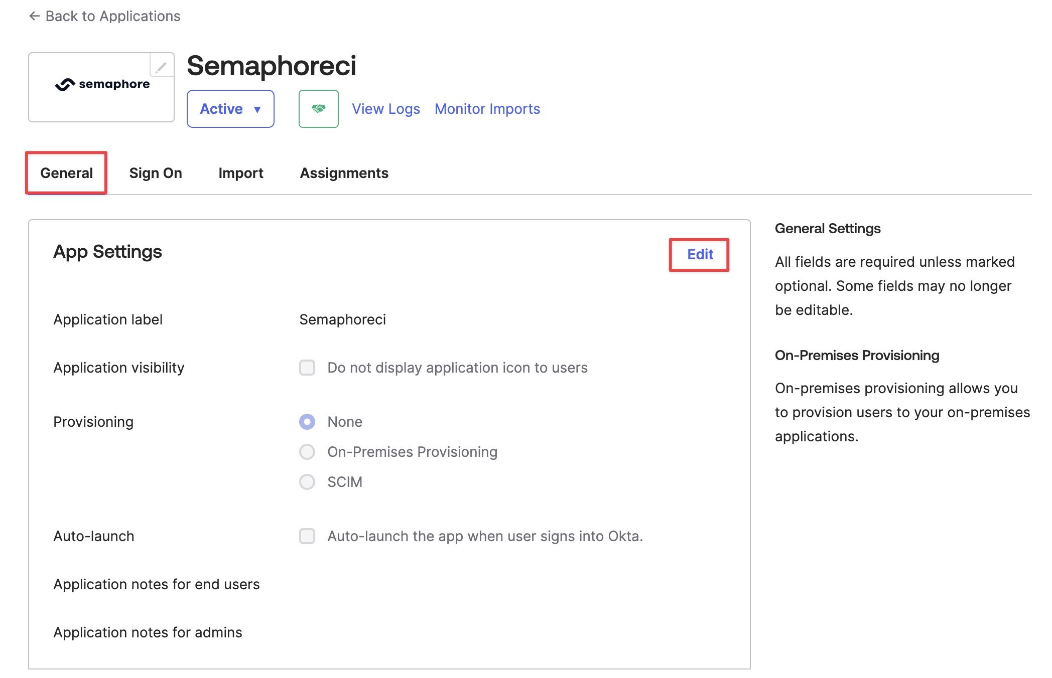 Edit general settings in Okta