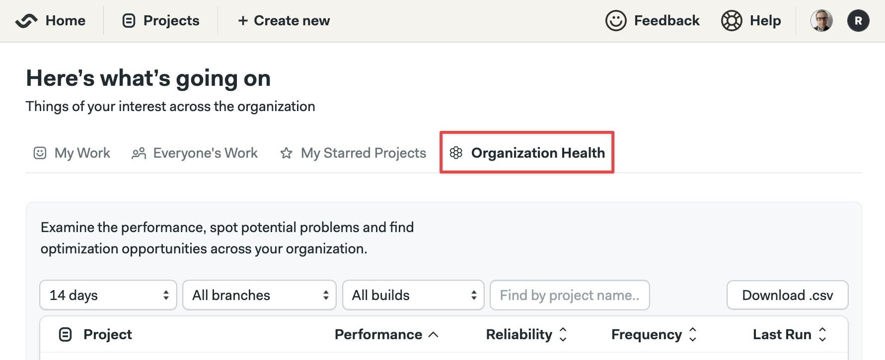 Location for the Organization Health tab