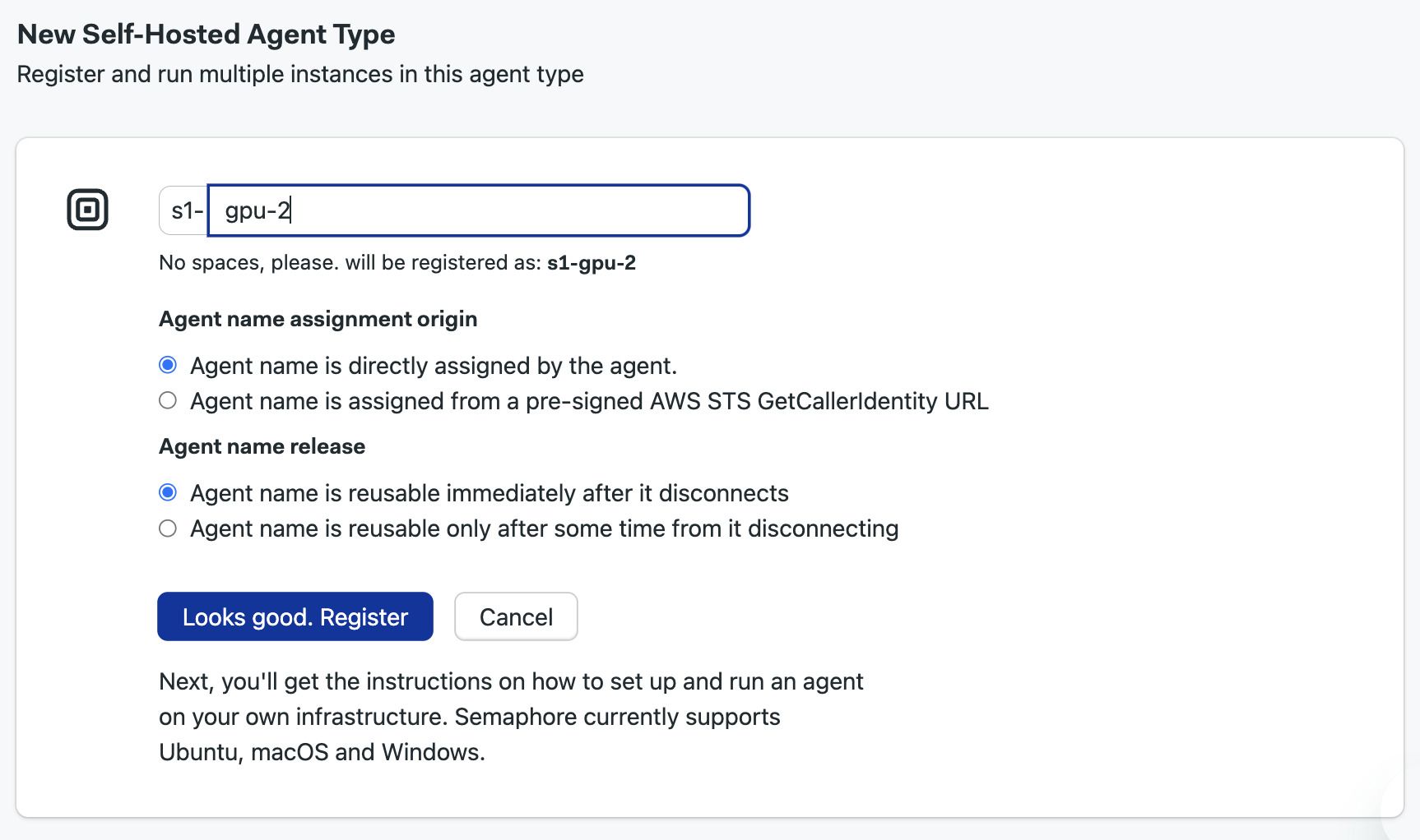 Registering an agent type in Semaphore