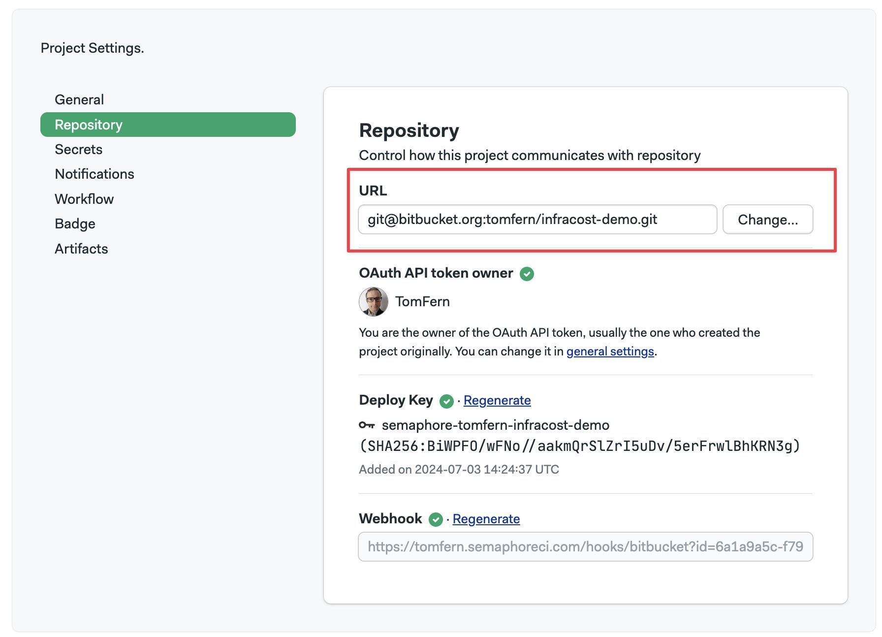 Changing the repository URL in Semaphore