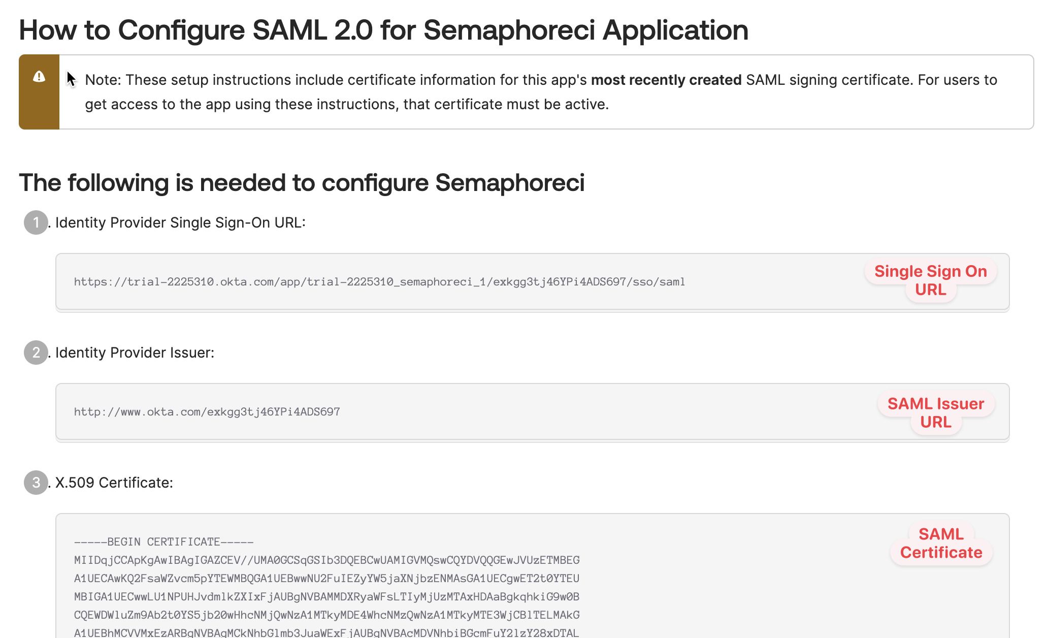 SAML Setup URL and certificates