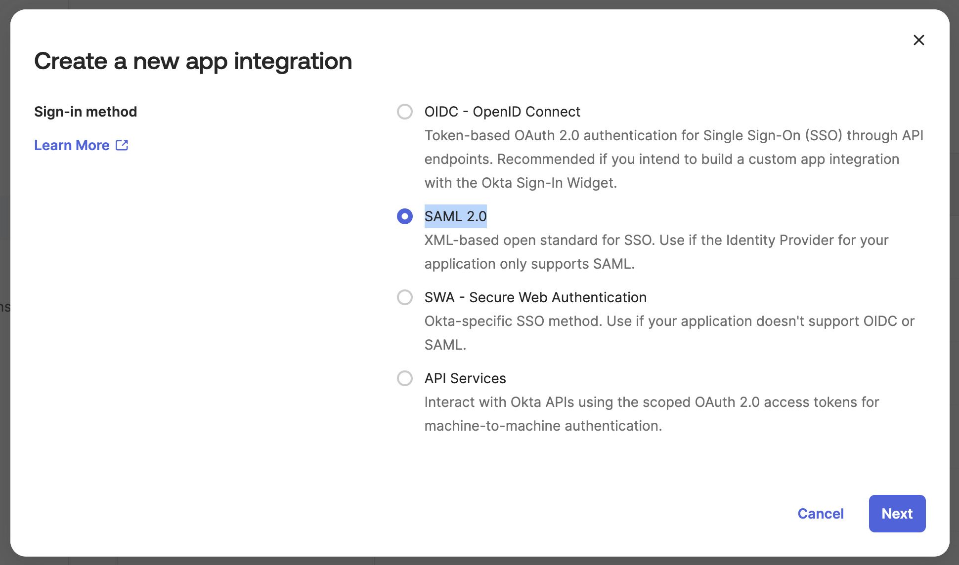 Saml 2.0 selected