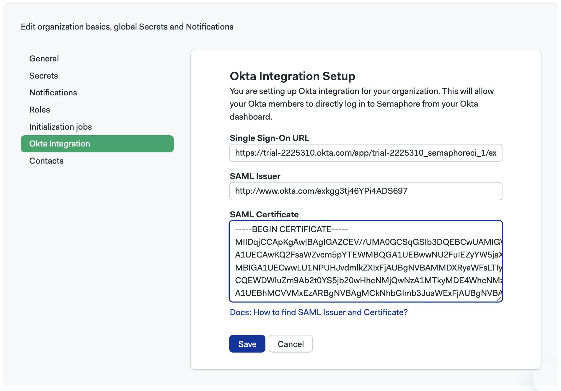 Set up SAML values on Semaphore