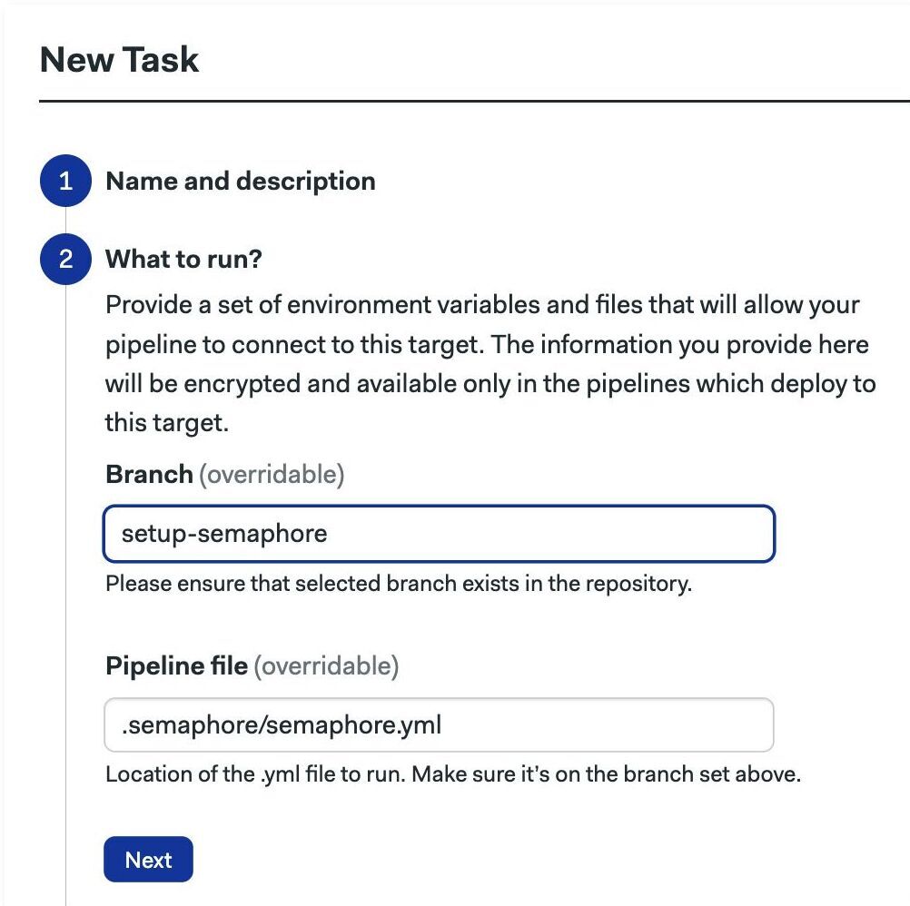 Task creation step 2: branch and pipeline