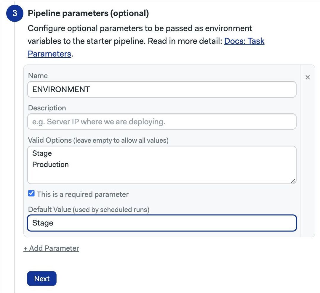 Task creation step 3: parameters