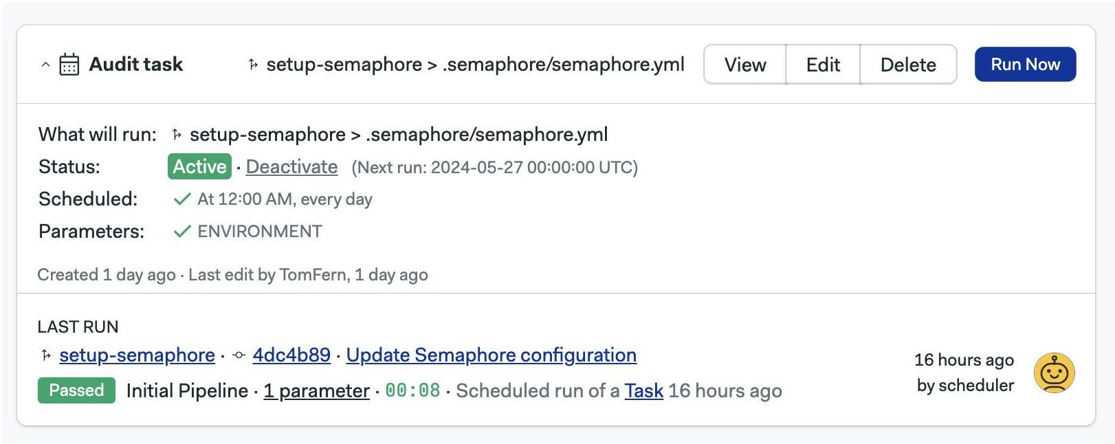 Viewing a task on Semaphore UI