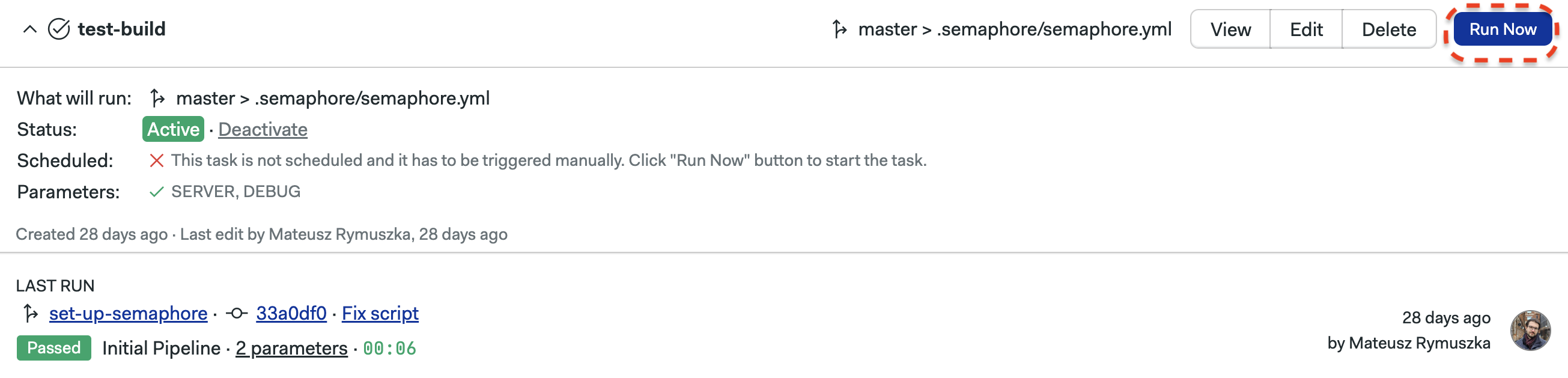 Deactivate button in the project tasks page