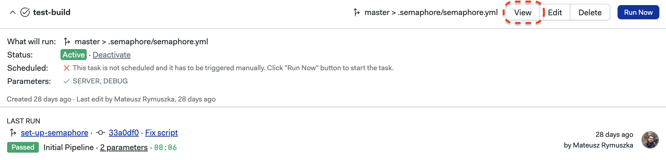 View button in the project tasks page