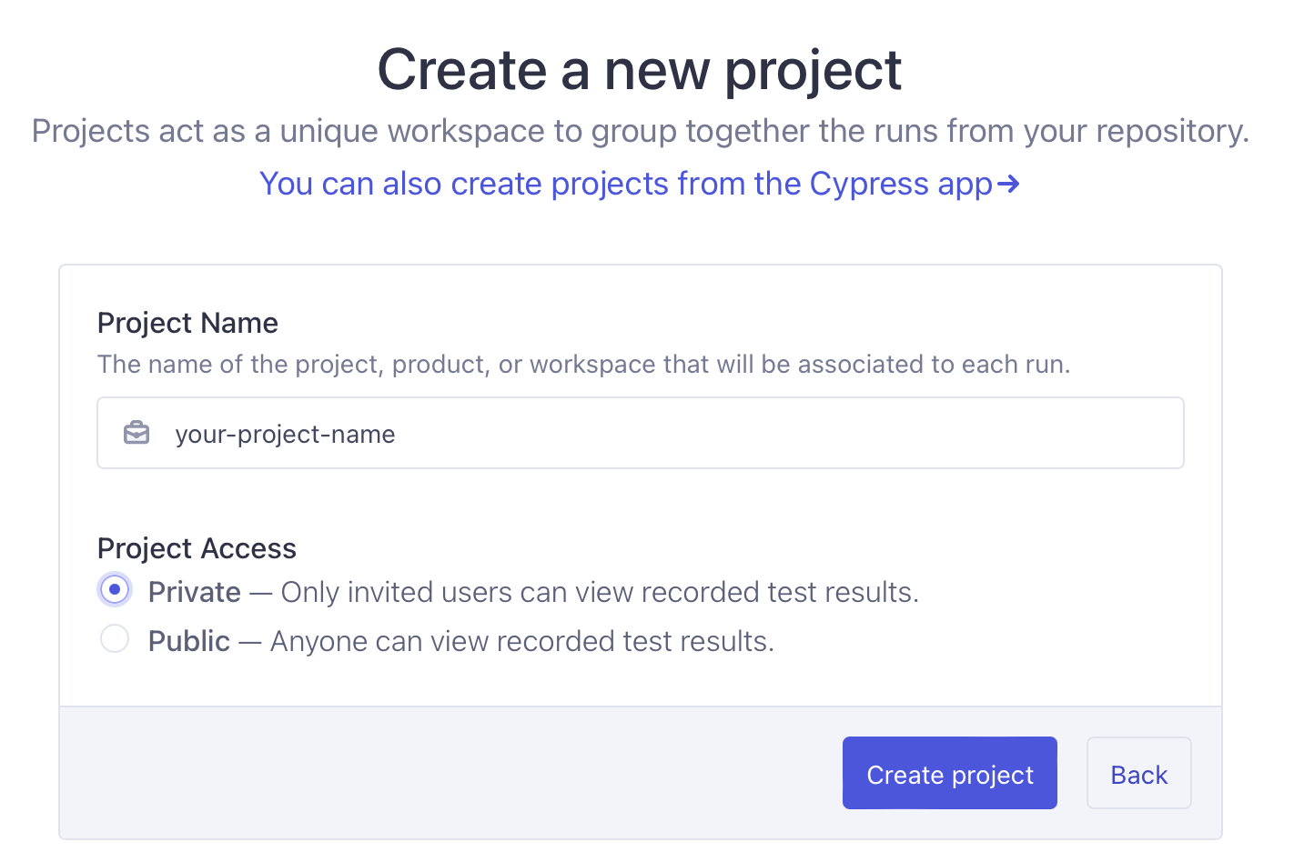Creating project on Cypress